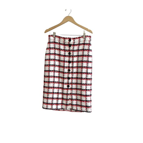 Ann Taylor Plaid Skirt Knee Length Button Front Size 8 Cream Office Preppy - Picture 1 of 12